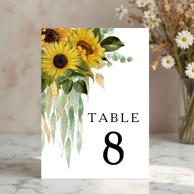 Moderne Schwarz-Weiß-Sonnenblumen-Hochzeit Tischnummer (Modern Black & White Sunflower Wedding Table Number)