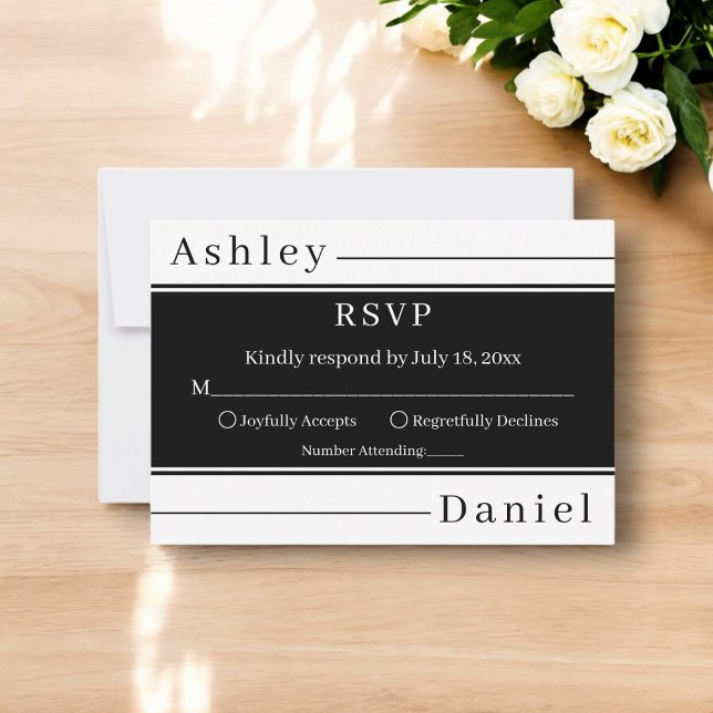 Moderne Schwarz-Weiß-Streifen Elegante Hochzeit RSVP Karte (Von Creator hochgeladen)