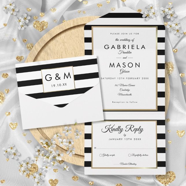 Moderne Schwarz-Weiß-Streifen-GoldWedding All In One Einladung (Modern Black And White Stripe Gold Wedding All In One Invitation)