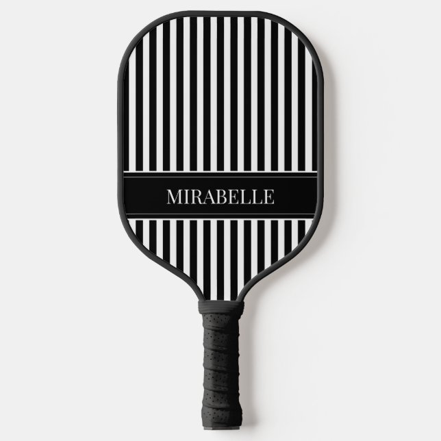 Moderne Schwarz-Weiß-Streifen Personalisiert Pickleball Schläger (Vorderseite)