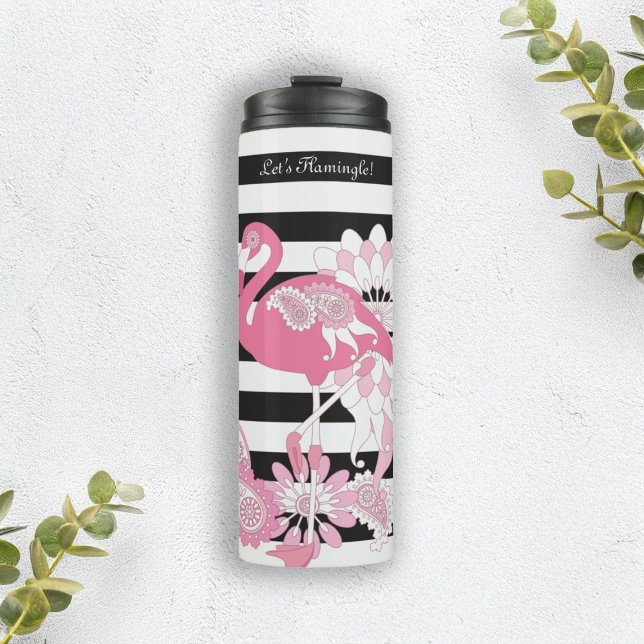 Moderne Schwarz-Weiß Streifen rosa Flamingo Thermosbecher (Von Creator hochgeladen)