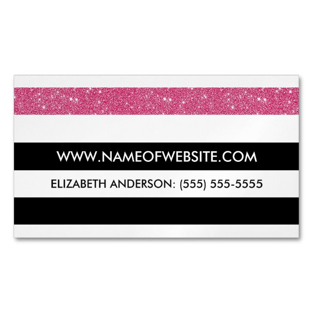 Moderne Schwarz-Weiß-Streifen Rosa IMITATE Glitz Magnetische Visitenkarte (Vorderseite)