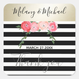Moderne Schwarz/Weiß Streifen Rose Danke Quadratischer Aufkleber