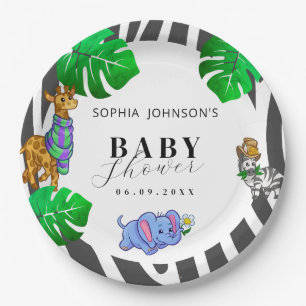 Moderne Schwarz-Weiß-Streifen-Safari-Baby-Party Pappteller