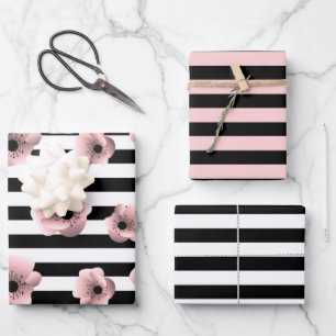 Moderne Schwarz-Weiß-Streifen und rosa Blume Geschenkpapier Set