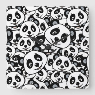 Moderne Schwarz-Weiß Süße Panda-Bär-Muster Quadratische Wanduhr