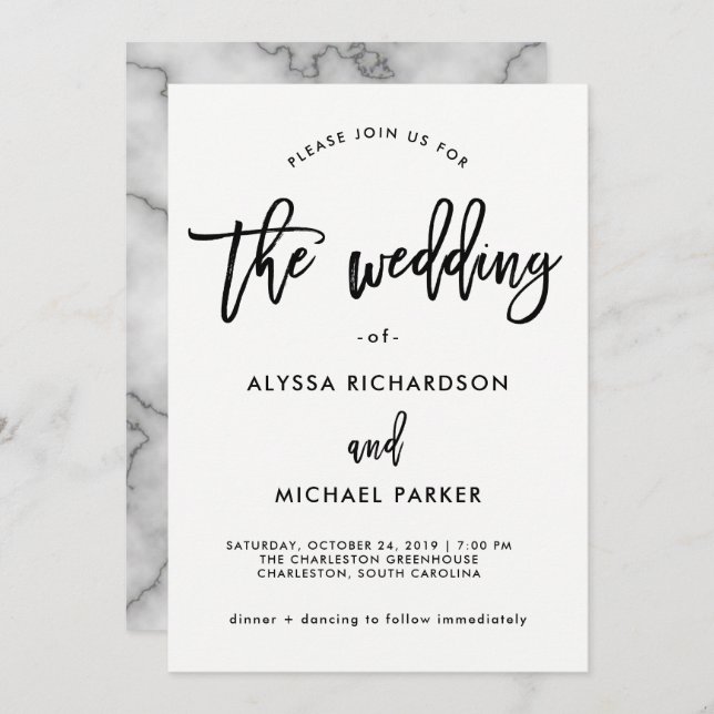 Moderne Schwarz-Weiß-Typografie | Marble Wedding Einladung (Vorne/Hinten)