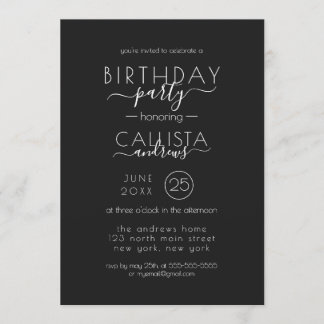 Moderne Schwarz-Weiß-Typografie zum Geburtstag Einladung