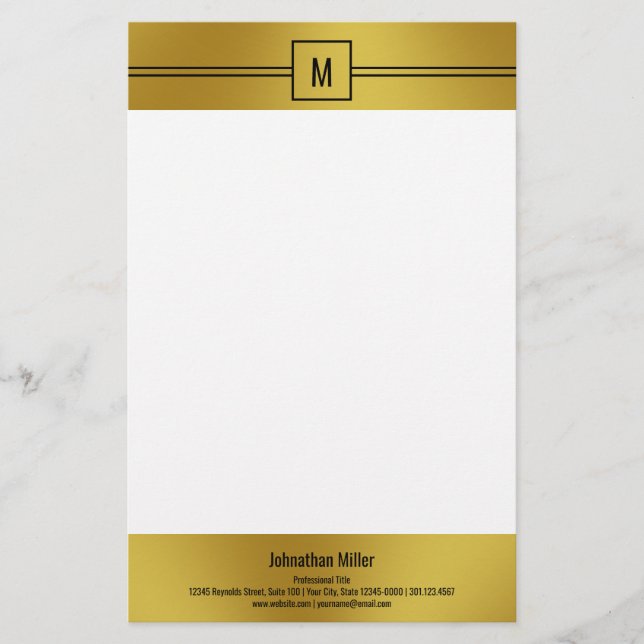 Moderne Schwarz-weiß- und Goldmonogramm-Vorlage Briefpapier (Vorderseite)