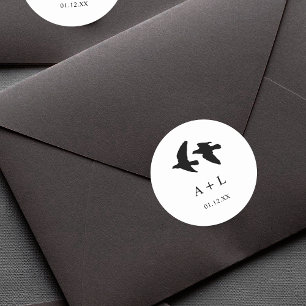 Moderne Schwarz-Weiß-Vögel-Hochzeitsmonogramm Runder Aufkleber