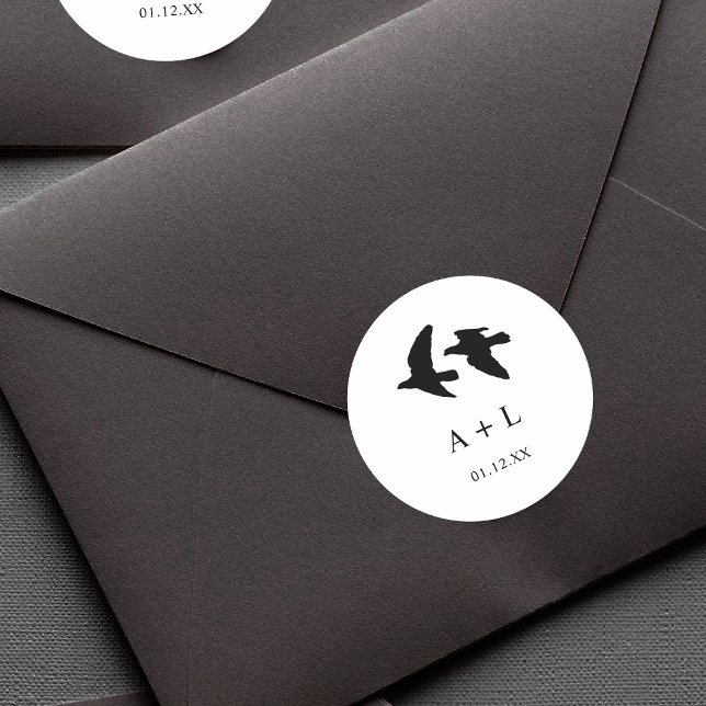 Moderne Schwarz-Weiß-Vögel-Hochzeitsmonogramm Runder Aufkleber (Von Creator hochgeladen)