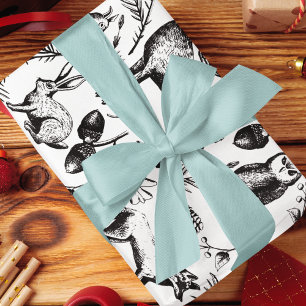Moderne Schwarz-Weiß-Waldtiere handGezeichnet Geschenkpapier