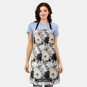 Moderne Schwarz-Weiß-Wasserfarben-Blumen-Schürze Schürze