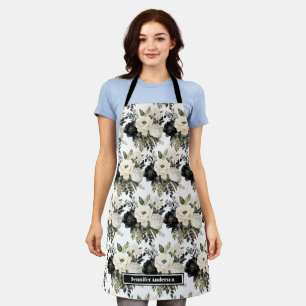 Moderne Schwarz-Weiß-Wasserfarben-Blumen-Schürze Schürze