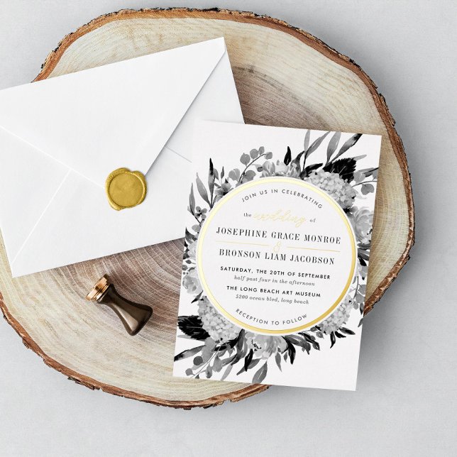 Moderne Schwarz-Weiß-Wasserfarben-Hochzeit Folieneinladung (Von Creator hochgeladen)