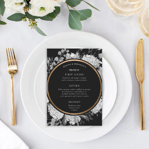 Moderne Schwarz-Weiß-Wasserfarben-Hochzeit Menükarte