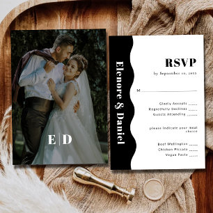 Moderne Schwarz-Weiß-Wave-Foto-Hochzeit RSVP Karte