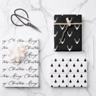 Moderne Schwarz-Weiß-Weihnachtsbäume & Rentier Geschenkpapier Set