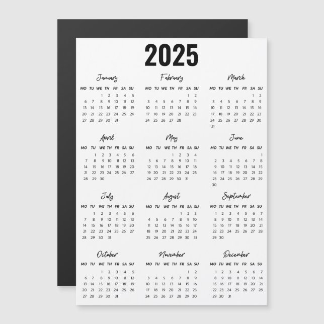Moderne Schwarz-weiße 2025 Kalender Volljahresperi Magnetkarte (Vorne/Hinten)
