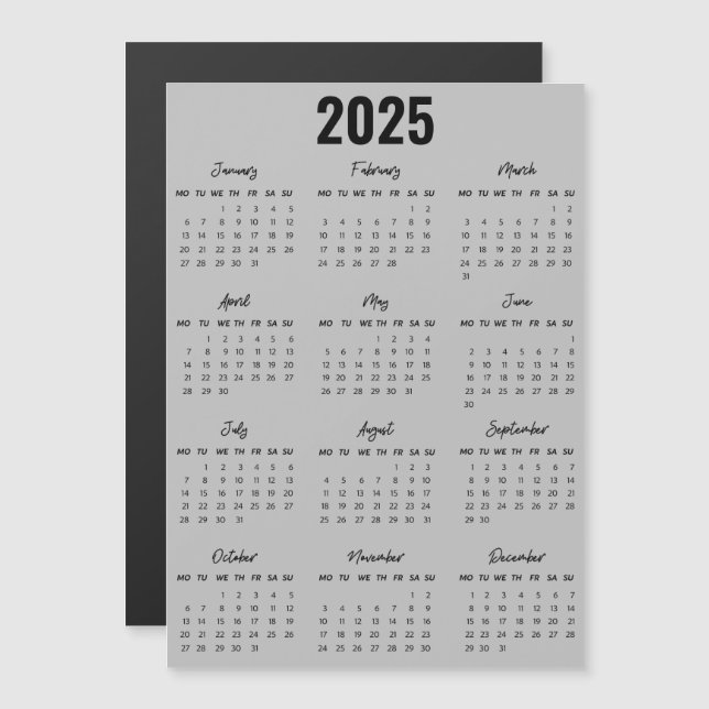 Moderne Schwarz-weiße 2025 Kalender Volljahresperi Magnetkarte (Vorne/Hinten)