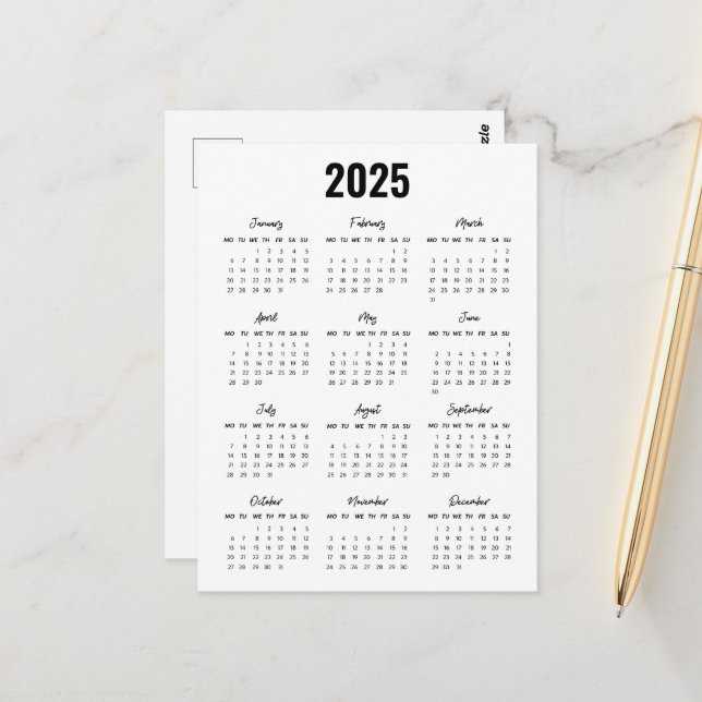Moderne Schwarz-weiße 2025 Kalender Volljahresperi Postkarte (Vorderseite/Rückseite Beispiel)