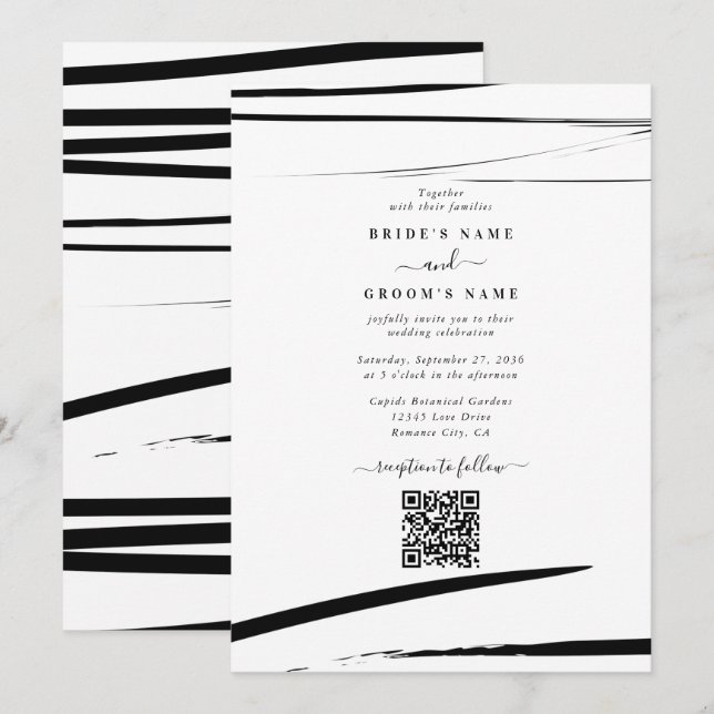 Moderne Schwarz-weiße Abstrakte QR-Hochzeit Einladung (Vorne/Hinten)