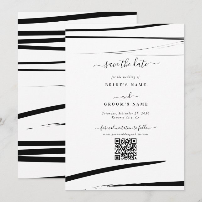 Moderne Schwarz-weiße Abstrakte QR-Hochzeit Save The Date (Vorne/Hinten)