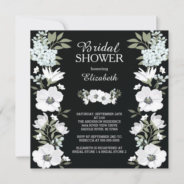Moderne Schwarz-weiße Blume Bridal Dusche Einladun Einladung (Vorderseite)