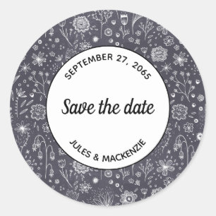 Moderne Schwarz-weiße Blumenhochzeit Save the Date Runder Aufkleber