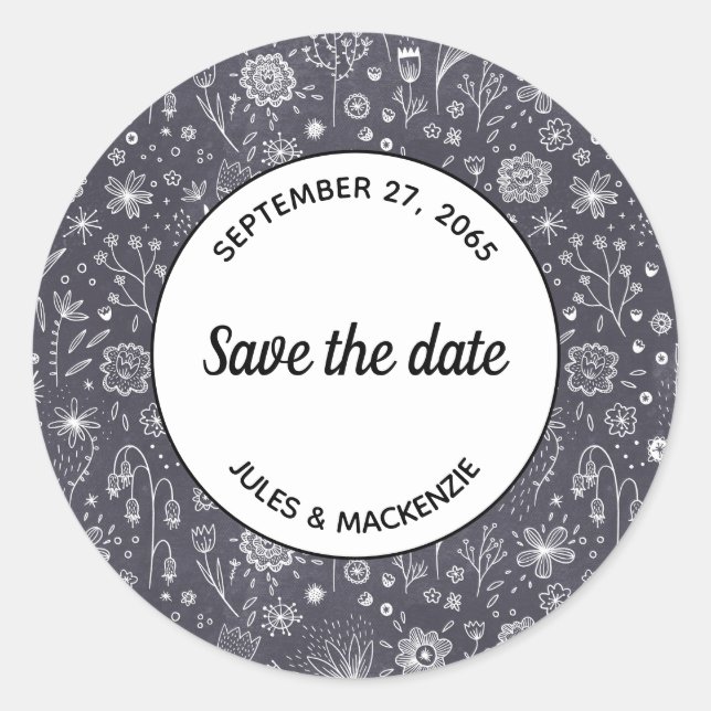 Moderne Schwarz-weiße Blumenhochzeit Save the Date Runder Aufkleber (Vorderseite)