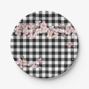 Moderne Schwarz-weiße Buffalo-Karos Cherry Blossom Pappteller