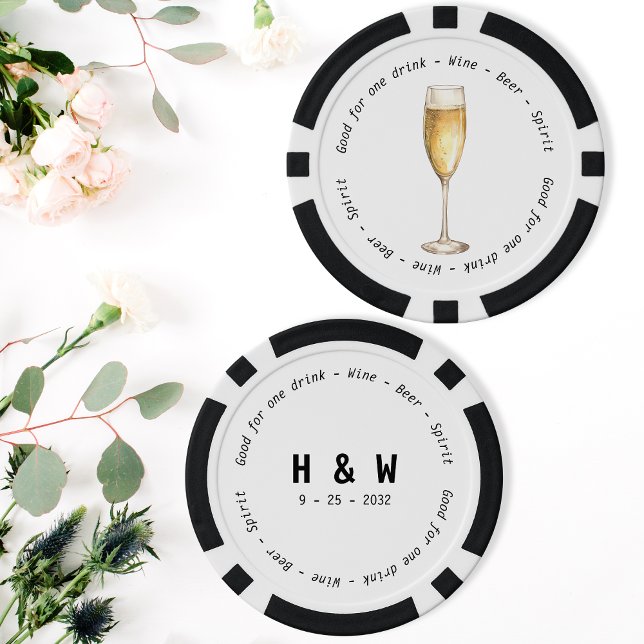 Moderne Schwarz-weiße Champagner Drink Hochzeit Pokerchips (Modern Black White Champagne Drink Voucher Wedding Poker Chips)