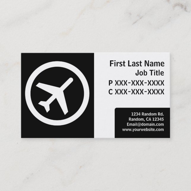 Moderne Schwarz-weiße einfache Flugzeugkarten Visitenkarte (Vorderseite)