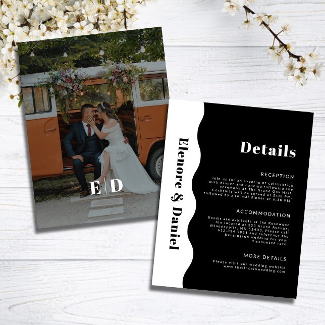 Moderne Schwarz-weiße Foto-Hochzeitsdetails Begleitkarte (Modern Black White Side Wave Photo Wedding Details Enclosure Card)