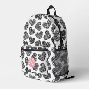 Moderne schwarz-weiße gekritzelte Herzen mit Monog Bedruckter Rucksack