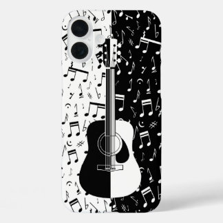 Moderne schwarz-weiße Gitarre-Musiknote iPhone 16 Plus Hülle