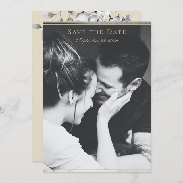 Moderne Schwarz-weiße Goldhochzeit mit Blumenreath Save The Date (Vorne/Hinten)