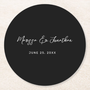 Moderne Schwarz-weiße handgeschriebene Hochzeit Runder Pappuntersetzer