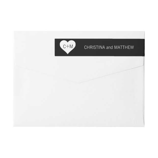 Moderne Schwarz-weiße Herzinitialen Hochzeit (Rückseite)