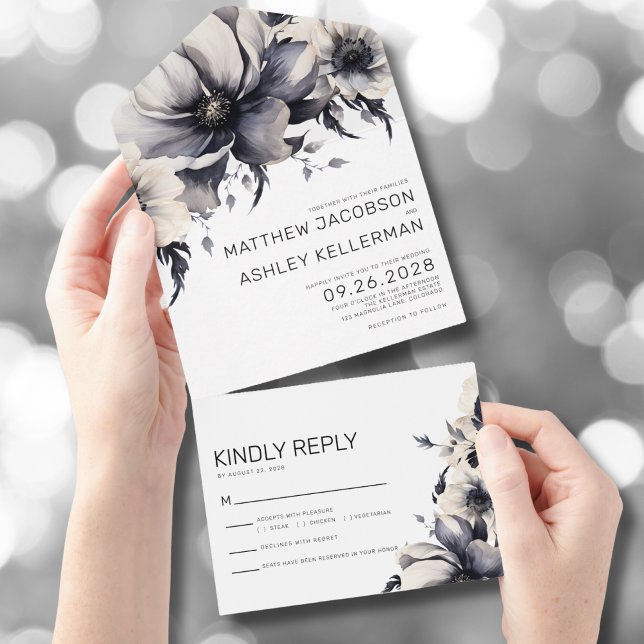 Moderne Schwarz-weiße Hochzeit All In One Einladung (Modern Elegant Trendy Floral Black White Wedding All in One Invitation )