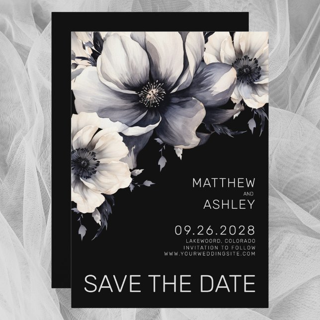 Moderne Schwarz-weiße Hochzeit Save The Date (Modern Elegant Black White Floral Wedding Save the Date)
