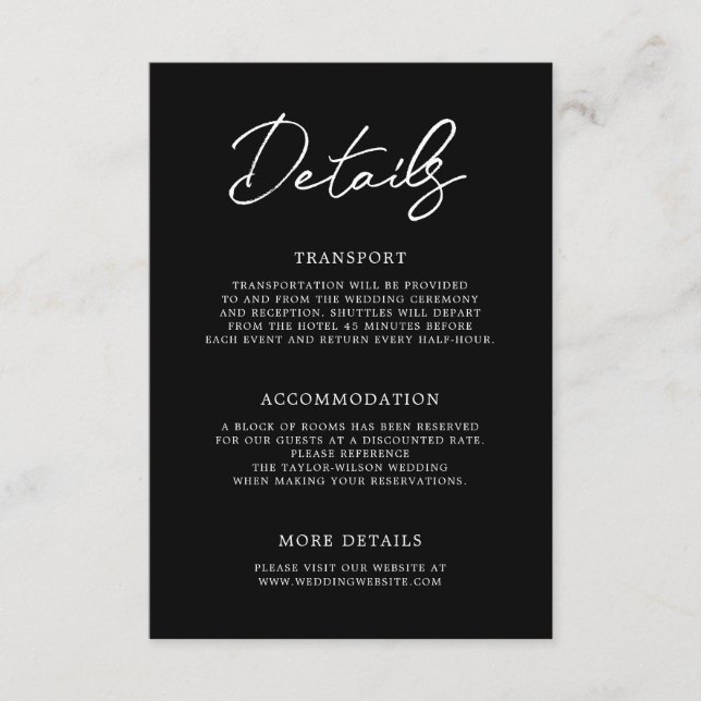 Moderne Schwarz-weiße Hochzeitdetails Begleitkarte (Vorderseite)
