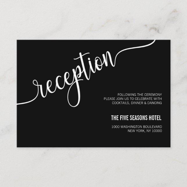 Moderne Schwarz-weiße Hochzeitsrezeptionskarte Begleitkarte (Vorderseite)
