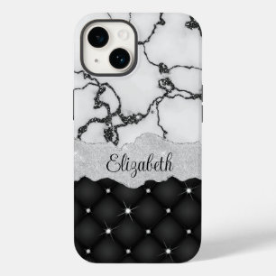 Moderne Schwarz-weiße Imitate aus Marmor Glitzer M Case-Mate iPhone 14 Hülle