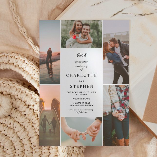 Moderne Schwarz-weiße Initialen Foto Grid Hochzeit Einladung (Von Creator hochgeladen)