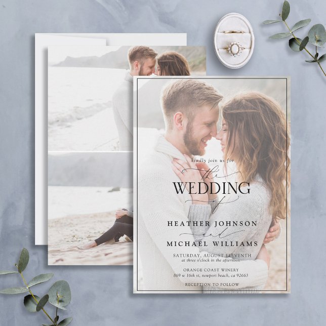 Moderne Schwarz-weiße Kalligraphie Vellum 3 Foto Einladung (Von Creator hochgeladen)