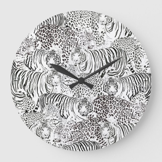 Moderne Schwarz-weiße Leopard Tiger Tiere Große Wanduhr (Vorderseite)