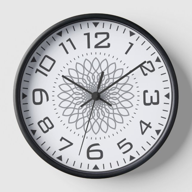 Moderne schwarz-weiße Mandala Geometrische Zahlen Uhr (Vorderseite)