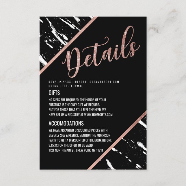 Moderne Schwarz-weiße MarmorRosen-Goldchic-Details Begleitkarte (Vorderseite)
