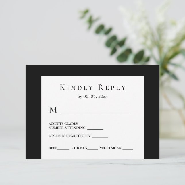 Moderne Schwarz-weiße Minimal Design Hochzeit RSVP Karte (Stehend Vorderseite)